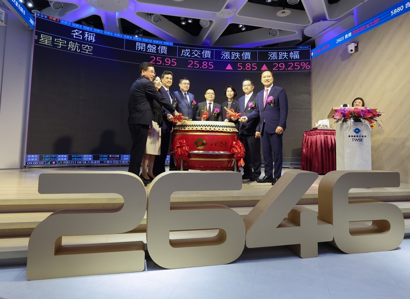 星宇航空25日以每股新台幣20元掛牌上市,董事長張國煒等人共同主持掛牌典禮,上午共同鳴鼓開盤。( 中央社記者趙世勳攝)