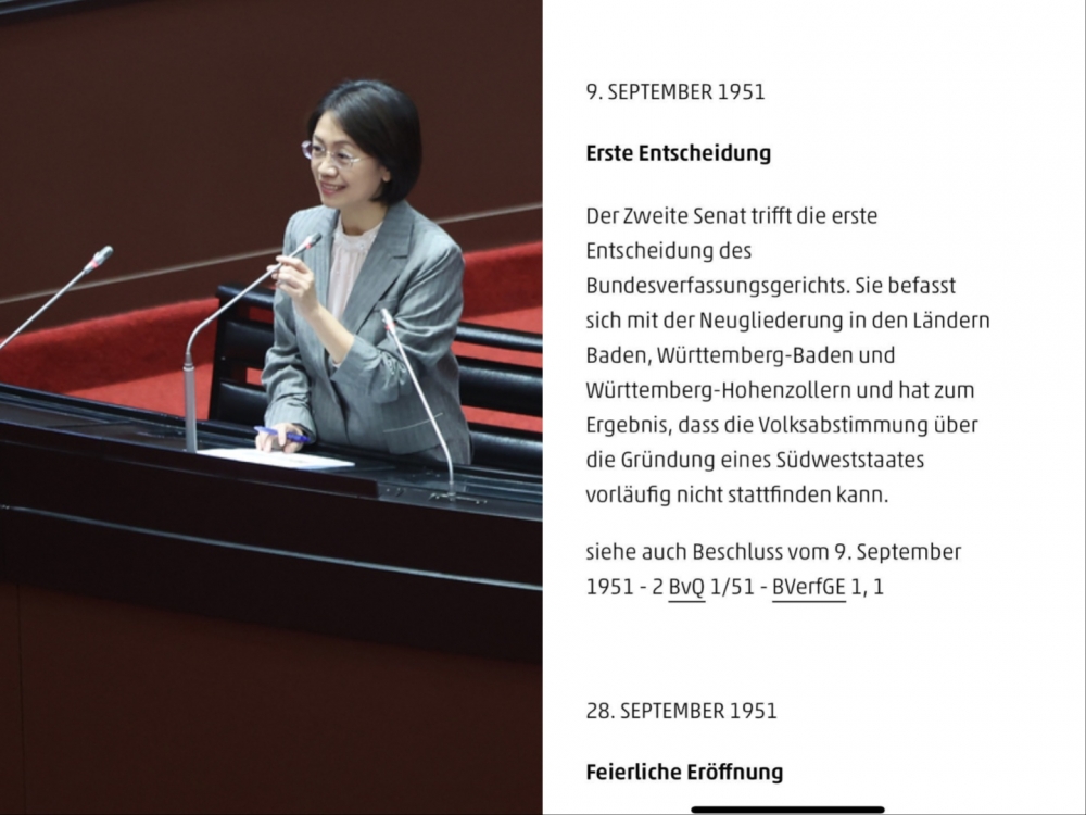 立法院會昨（12）日續審司法院大法官人事案，國民黨立委翁曉玲在詢問大法官被提名人劉靜怡時先表示，「憲法法庭做出的判決，有沒有可能違憲？」隨後提起「納粹的時候，德國聯邦憲法法院就曾做出許多違憲的判決...」，兩段言論則讓前時代力量立委邱顯智發文提出質疑。（圖源：中央社記者趙世勳攝）