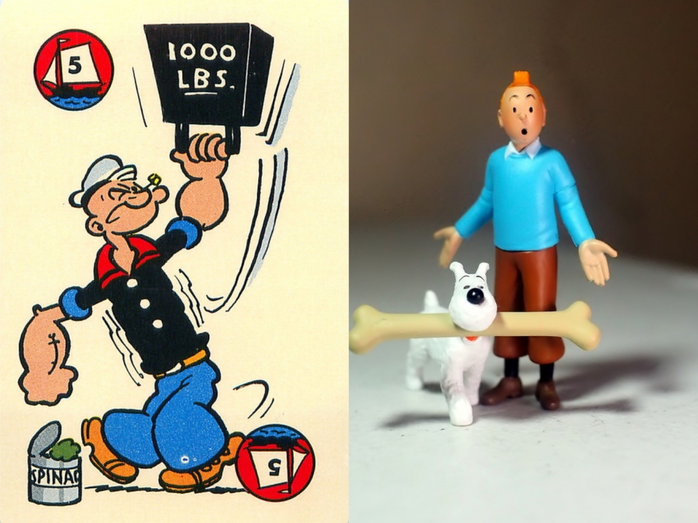 兩部於1929年亮相的經典卡通人物「大力水手」卜派（Popeye）、「丁丁歷險記」主角丁丁（Tintin）將於明年1月1日起成為美國公有領域的知識產權之一。（圖源：Vinson Tan ( 楊 祖 武 ) from Pixabay、Mark Anderson from  Flickr）