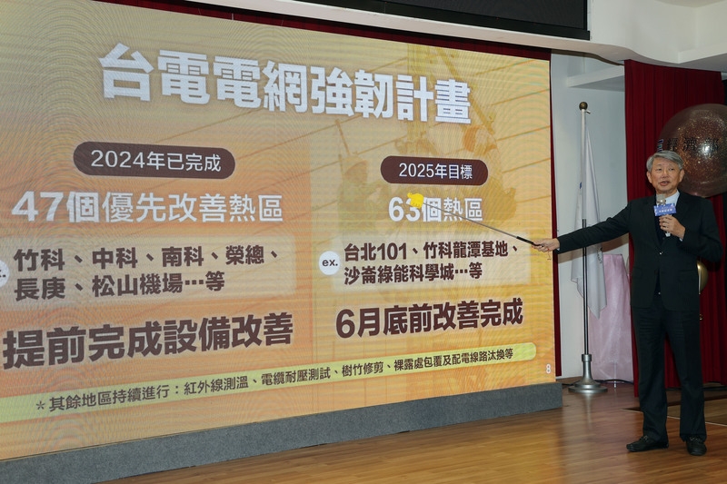 經濟部長郭智輝10日表示,截至2024年底,台電累虧逾新台幣4200億元,無法單靠台電彌平,亟待2000億元補助穩定財務。台電、中油肩負民生物價任務,盼外界給予更多支持,以穩健營運。圖為郭智輝在年終記者會簡報說明台電電網強韌計畫。(中央社記者郭日曉攝)