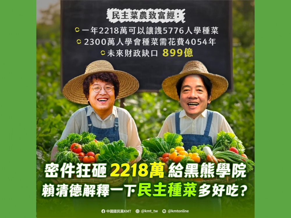 國民黨做圖諷刺民進黨立委沈伯洋「民主菜農」。（圖擷取自國民黨臉書）
