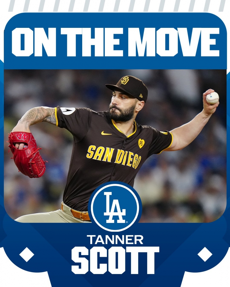MLB美國職棒大聯盟洛杉磯道奇簽下明星終結者左投Tanner Scott ,並以一紙為期4年總值達7200萬美元的合約,其中2100萬美元的延遲支付薪資的合約,替牛棚添加更多深度。(圖源:MLB/X)