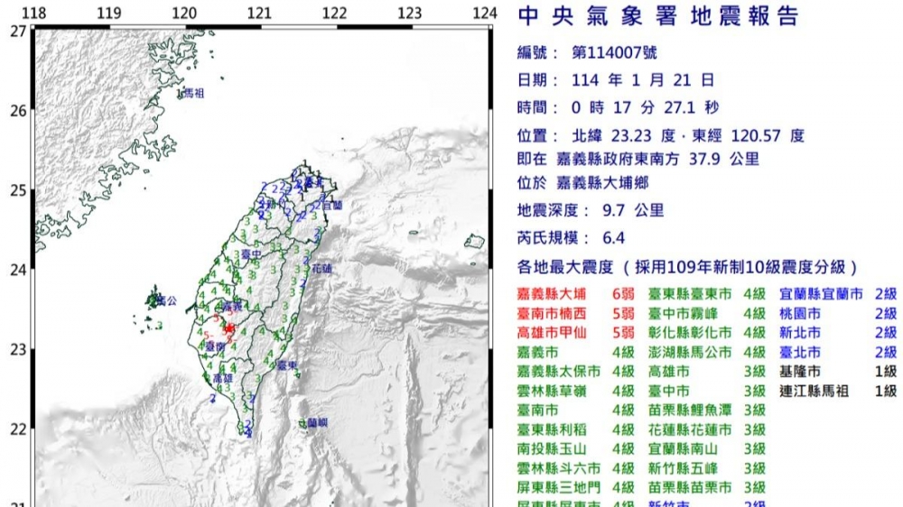 嘉義大埔21日凌晨發生規模6.4有感地震。(圖擷取自中央氣象署)